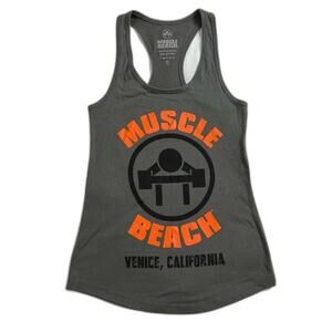 Muscle Beach California Women's Tank Small 100% Cotton Grey Racerback Deadlift